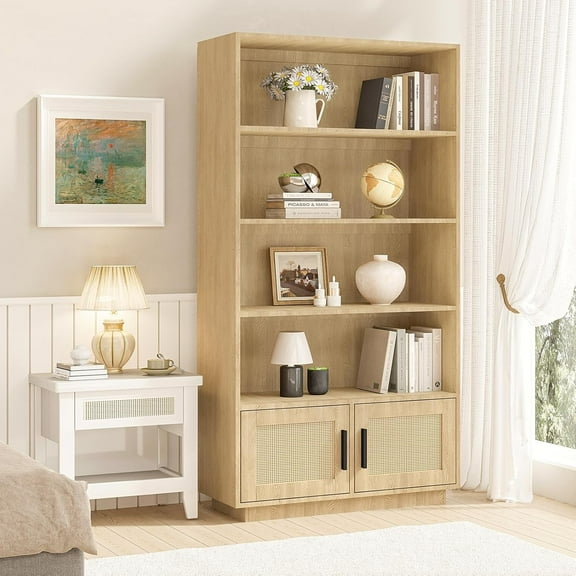 5-Tier Wooden Bookcase with Rattan Doors – Tall Bookshelf with Storage for Living Room, Bedroom, Home Office and Kitchen