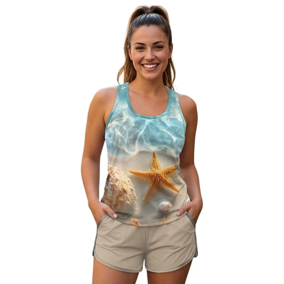 DISNIMO Starfish Shell Printed Womens Tankini Swimsuits Two Piece Bathing Suits Tummy Control Swimwear Breathable Swim Tank Top with Shorts, S