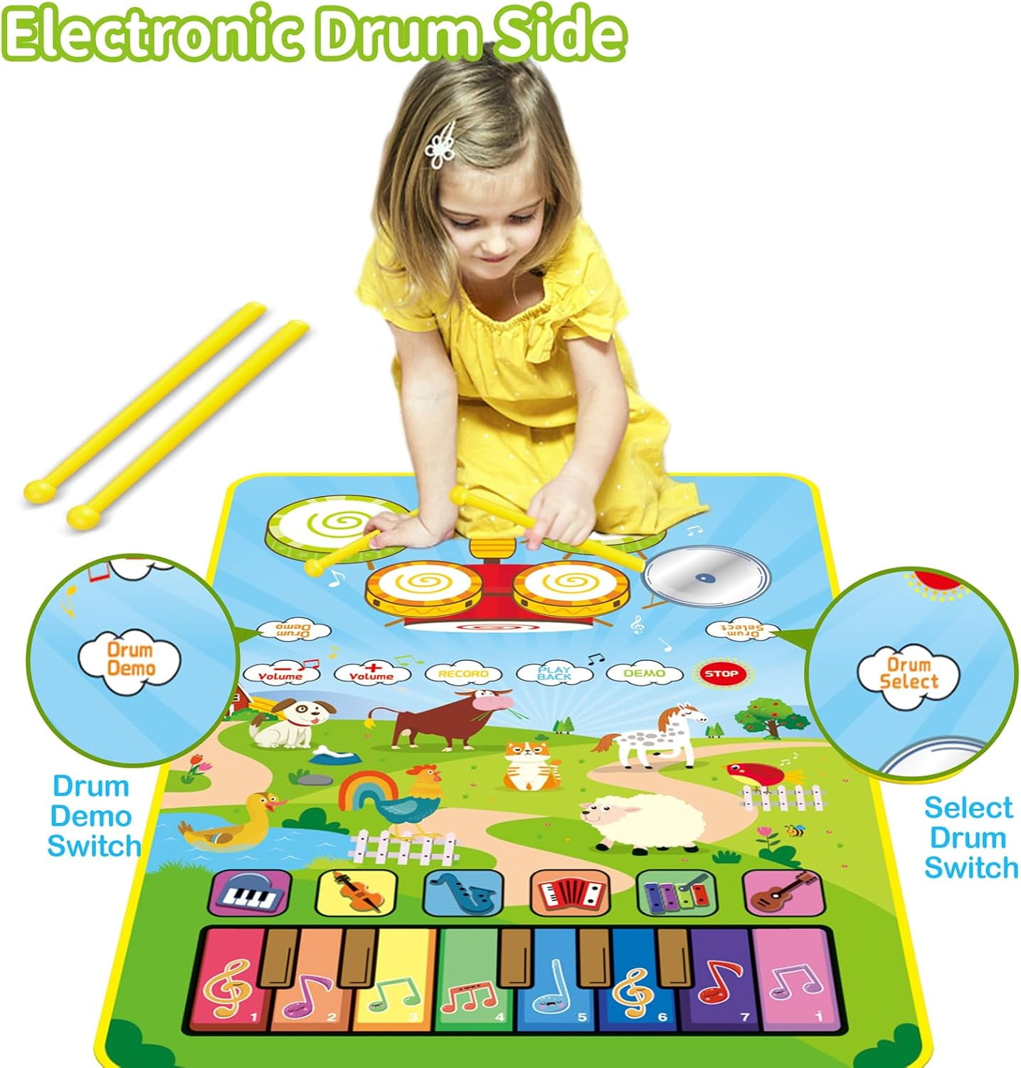 Faburo Baby Toys for 1 Year Old Boys Girls, 3 in 1 Musical Toys Toddler Piano & Drum Mat, Toys for Ages 1-5 ,Green