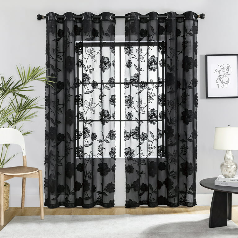 Exultantex Black Sheer Lace Curtains for Living Room Vintage Rose Floral  Embroidered Semi Sheer Window Panels Leaf Sheer Drapes with Scalloped  Edge,54 wx84Lx2,Rod Pocket 
