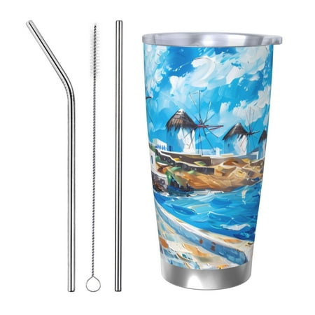 

Uemuo Greek Island Windmills Painting Print Travel Coffee Mug 20oz Double-walled Car Cup Stainless Steel Insulated Tumbler Leak-proof Travel Cup Reusable Straw Car Cup-Straw Three-piece Set