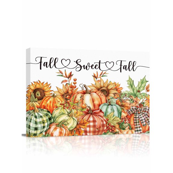 Fall Thanksgiving Canvas Print Wall Art Framed Canvas Art Wall Decor Pumpkin Leaves Sunflower Bow Pictures Painting Morden Artwork for Living Room Bedroom, Ready to Hang - 12"x16"