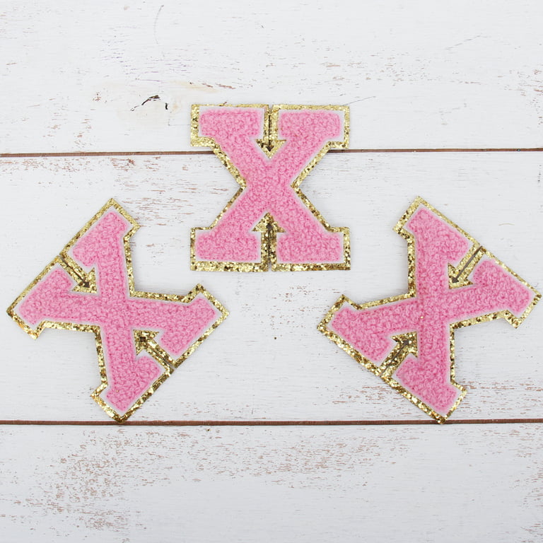 3 Pack Chenille Iron On Glitter Varsity Letter M Patches - Pink Chenille  Fabric With Gold Glitter Trim - Sew or Iron on - 5.5 cm Tall