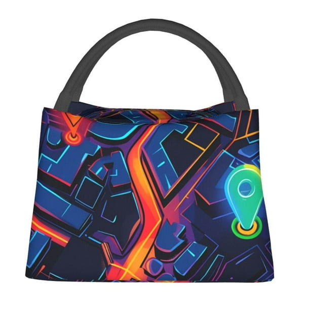 Fotbe Neon City Map Bolsa Térmica Portátil con Estampado, Bolsa de Entrega de Alimentos Aislada, Bolsa Reutilizable de Gran Capacidad para Comidas y Supermercado