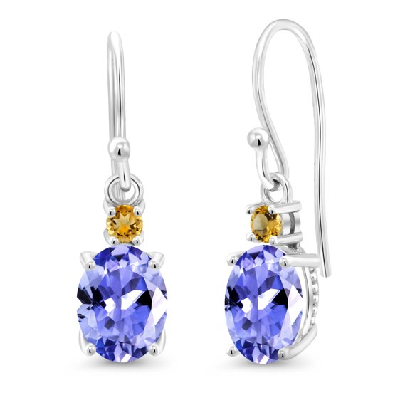 Gem Stone King 10K White Gold Blue Tanzanite and Yellow Citrine Dangle Earrings for Women (2.46 Cttw, Gemstone Birthstone, Oval 8x6mm)