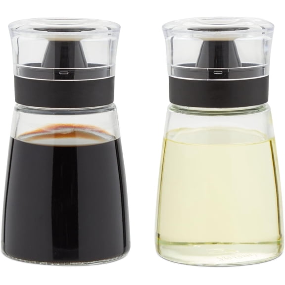Prichor Glass Oil & Vinegar Dispenser Set - Leak-Proof No-Drip Glass Salad Dressing Bottle & Sauce Bottles - Olive Oil Cruet & Balsamic Vinegar Dispenser - Pack of 2, 5.5 fl oz, Black