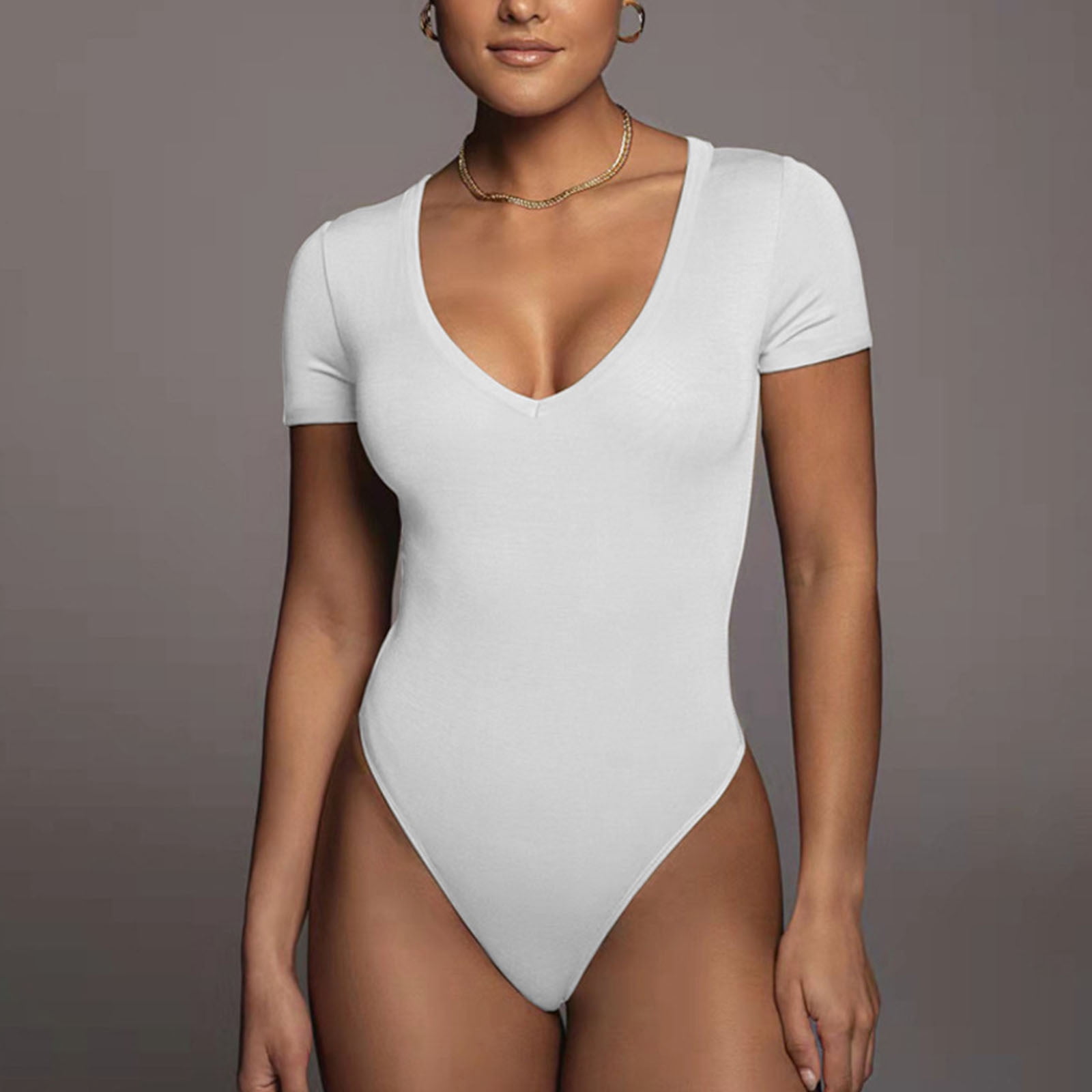 Thong Bodysuit for Women Tummy Control Mesh Puff Short Sleeve Bodysuit Tops  Slim Fit V Neck T Shirts Bodysuit (Color : White, Size : Small)