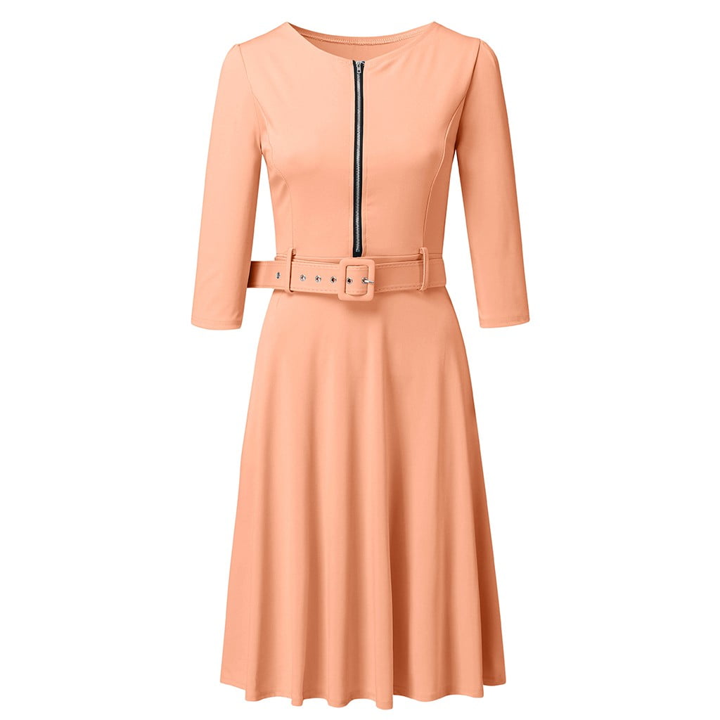 solid zipper up belted pleated casual dress WTXUE Dresses, Belted Long Sleeve A-Line Crew Neck, Women Party Dress Solid  Mid-Length Women, Blue Size XXL