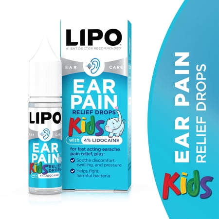 LIPO Kids Ear Pain Relief Drops - 4% Lidocaine Formula for Earache Relief, Swimmer’s Ear, Cold, Flu .42 oz