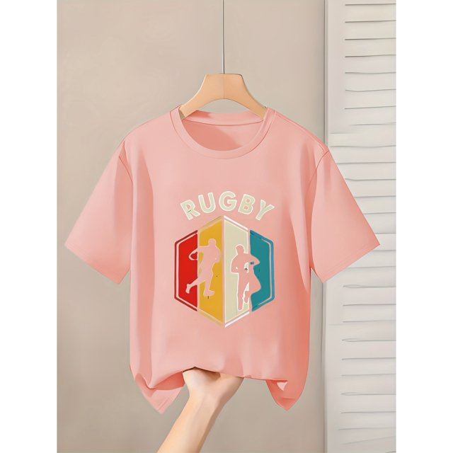 T-Shirt Featuring a Colorful Hexagonal Frame Around a Rugby Player Silhouette, with The Word 'RUGBY' Prominently Displayed. The Stretchy Fabric Is Suitable for Girls Aged 4-13 As a Clothing Gift.