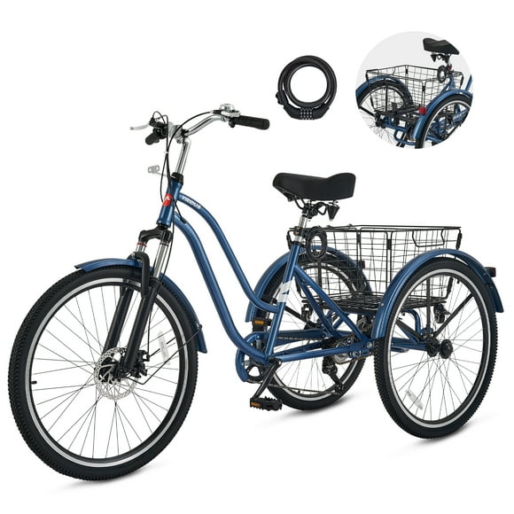 Viribus 24" Adulte Tricycle 7 Vitesses 3 Roues Vélo Adulte Tricycle Double Chaînes avec Suspension avant Bleu