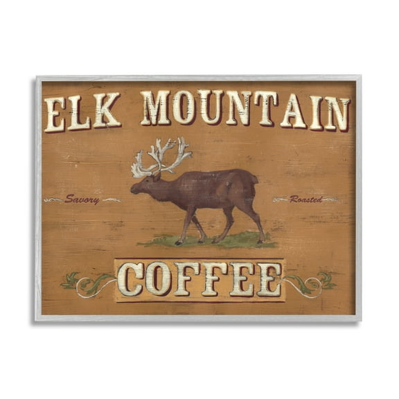 Stupell Industries Antique Elk Mountain Coffee Kitchen Sign Rustic Animal Modern Painting Gray Framed Art Print Wall Art, 11 x 14, Design by June Erica Vess