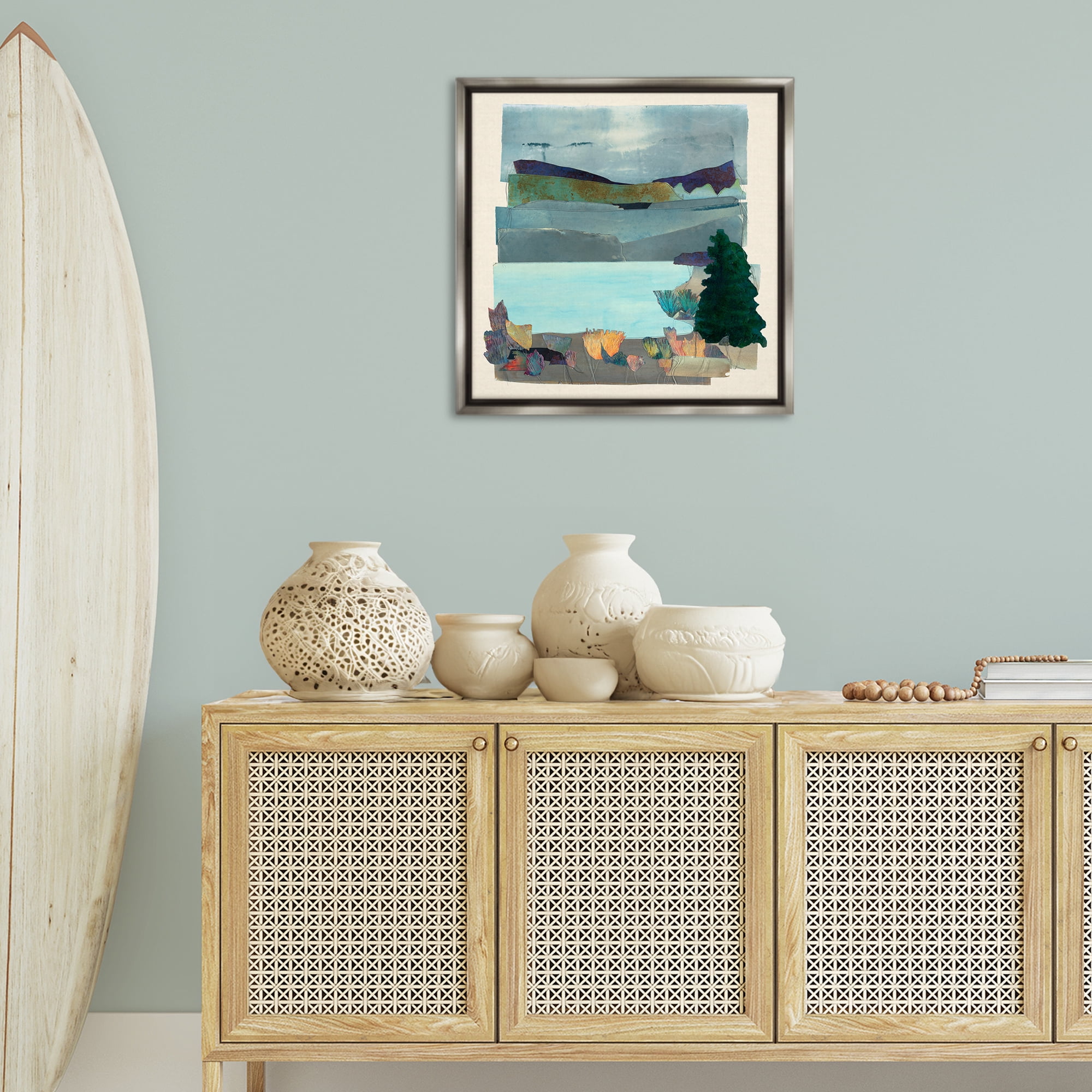 Stupell Industries Abstract Lake View Scene Abstract Painting Gray Floater Framed Canvas Art Print Wall Art, 25 x 25