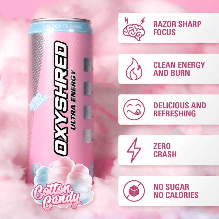 EHPlabs OxyShred Ultra Energy Drink - Performance Carbonated Energy Drink  with Zero Sugar, Carbs & Calories, 100% Natural, Cotton Candy (12-Pack) 