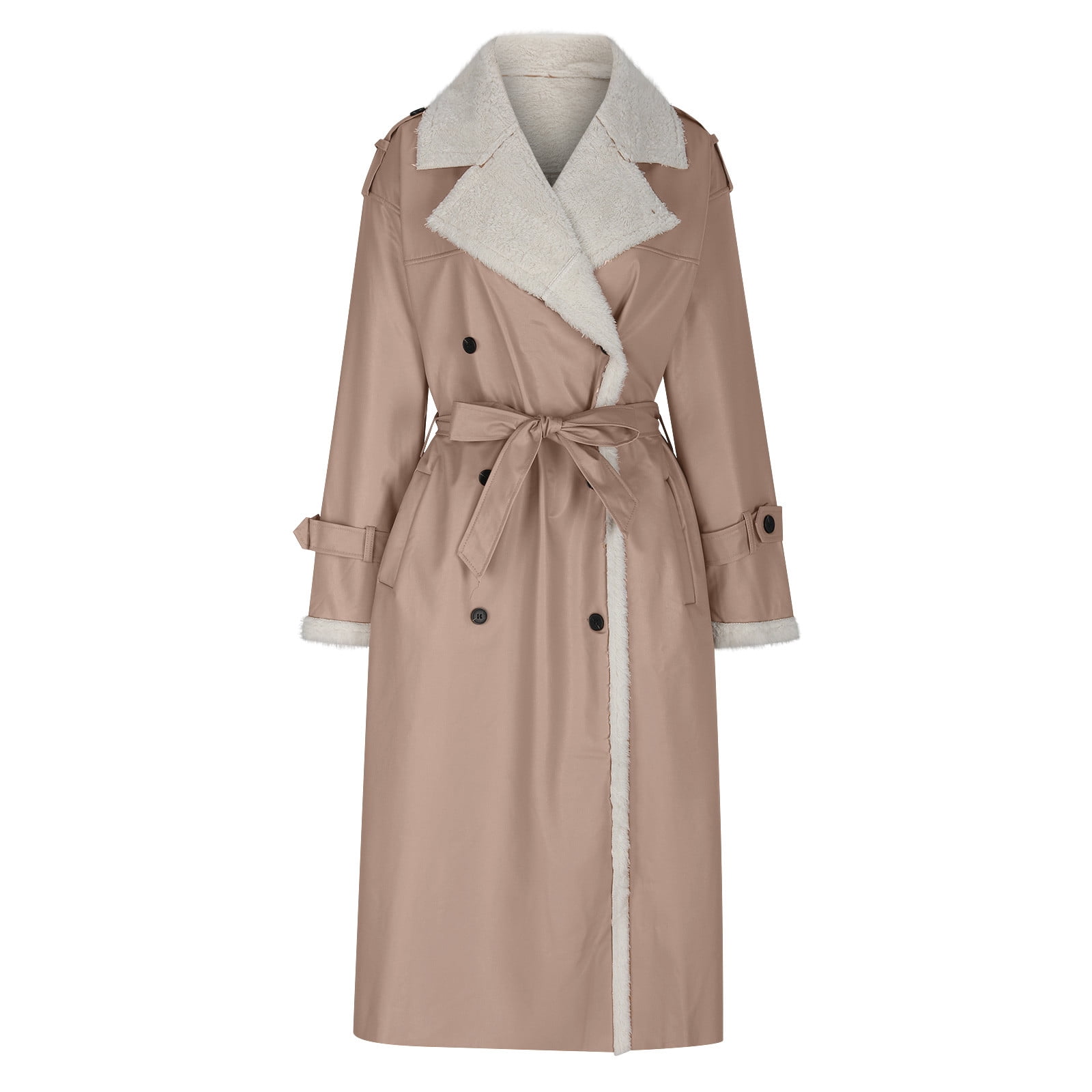 APEXFWDT Women Shearling Sheepskin Faux Leather Coat Long Winter Warm Sherpa Lined Jacket Notch Collar Button Down Trench Coat with Belt
