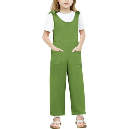 MEZZALL Child Kids Girls Sleeveles Spaghetti Romper Jumpsuit Long Straight Pants With Pocket Lovely Toddler Dailywear Green 5-6 Years