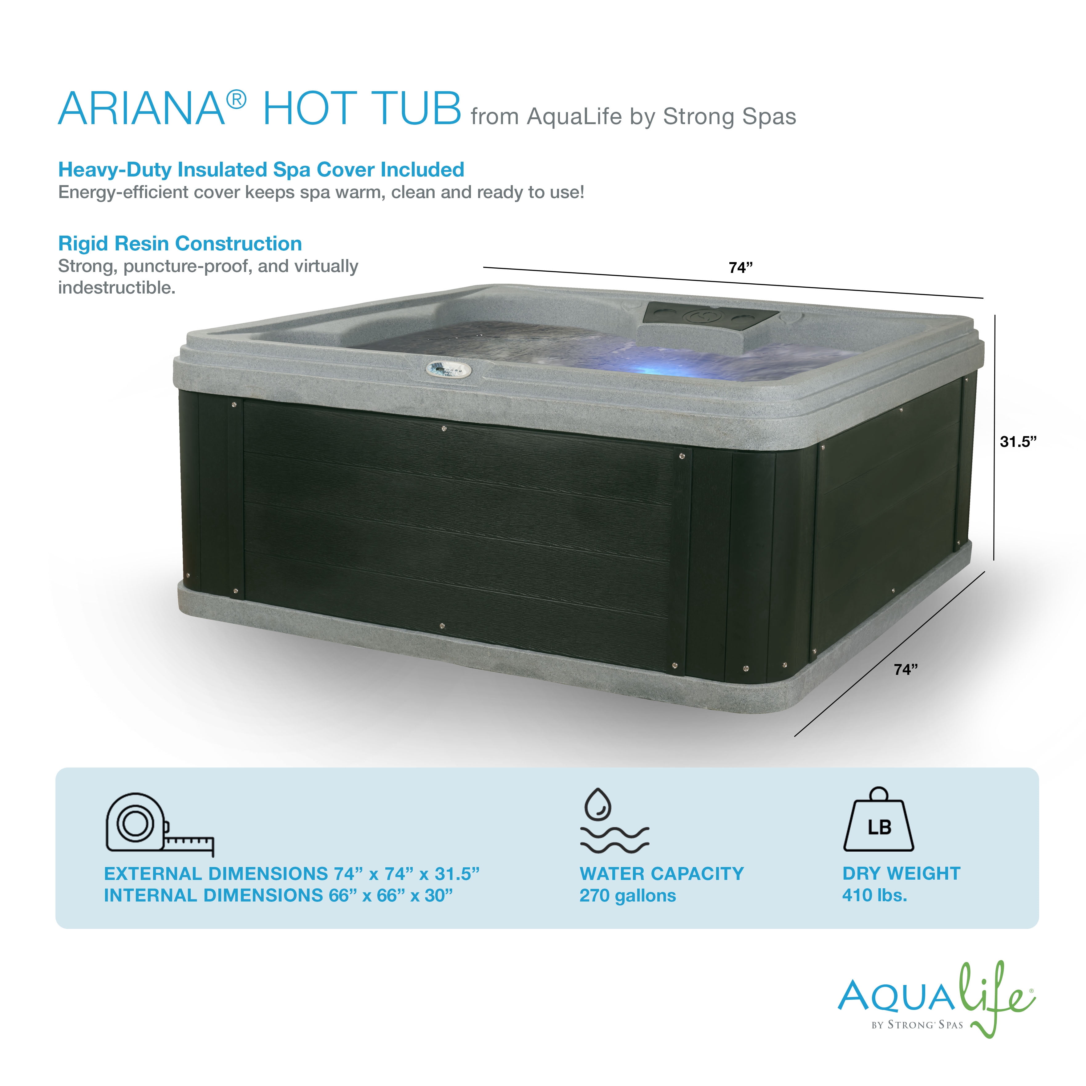Aqualife by Strong Spas Ariana 6 Person 70-Port Lounger Spa, 30 Jets, Gray Granite