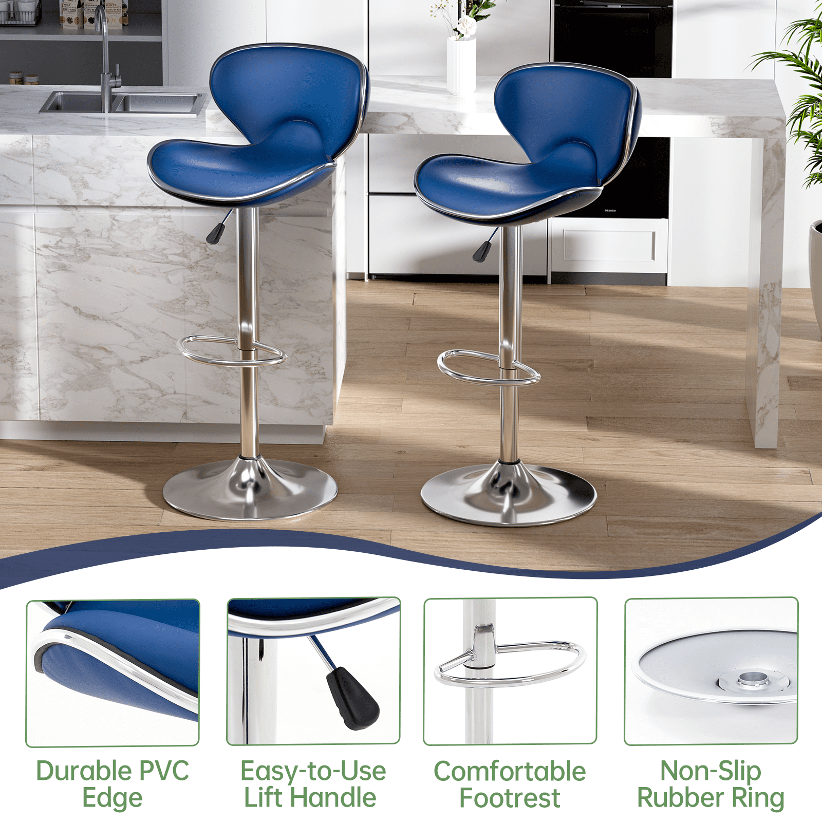 Bar Stools Set of 2, Adjustable Swivel Barstools, Modern PU Leather Counter Height Stools with Back and Footrest for Island, Dining, Bistro, Pub (Blue)