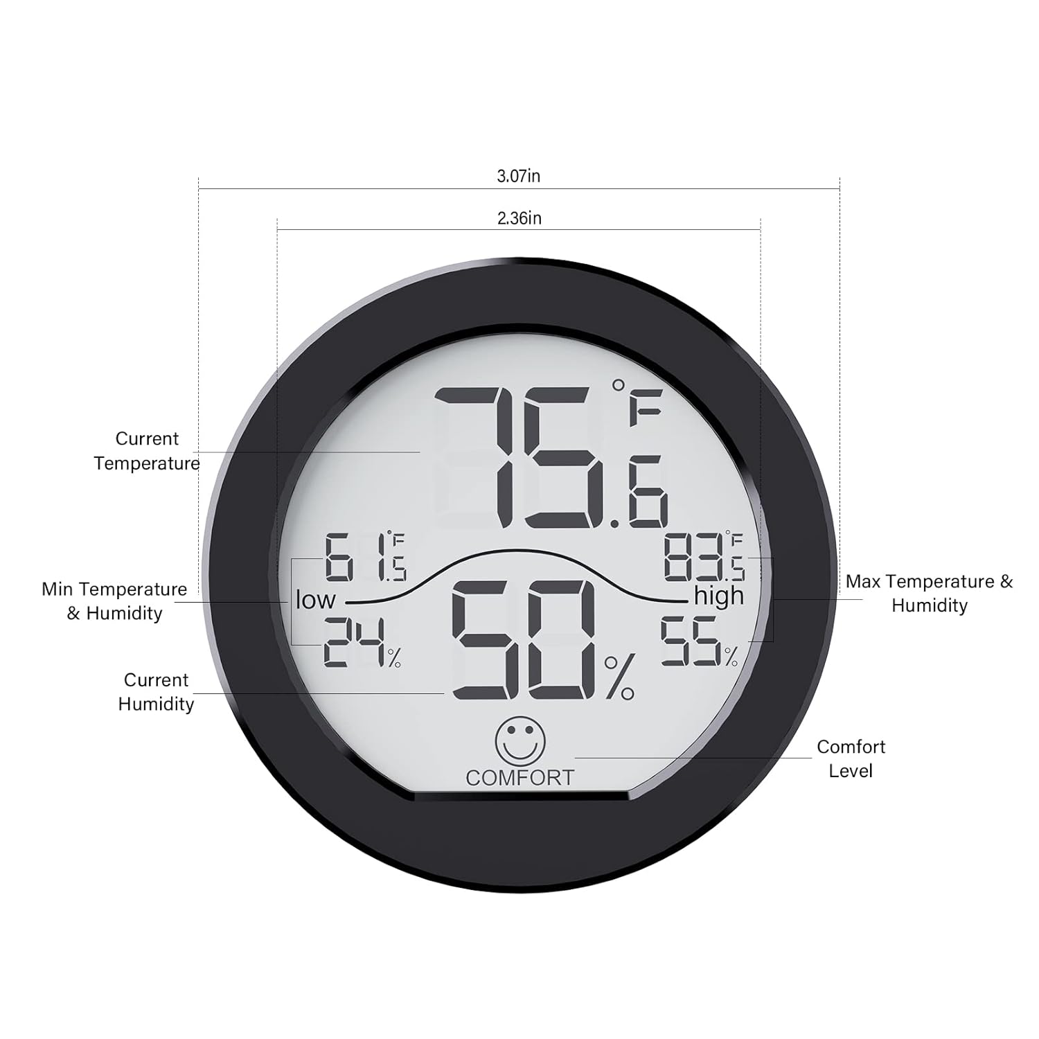 Hygrometer Thermometer for Room Temperature Humidity Meter Indoor Thermometer Accuracy Calibration LCD Temperature Sensor with Maximum and Minimum Records, TH1, Black, 2 Pack