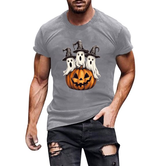 Gamivast Ghosts In Witch Hats T-Shirt for Men Halloween Pumpkin Graphic Print Short Sleeve Crewneck Tee Casual Fall Holiday Top Spooky Novelty Shirt Everyday Wear Gray XXL