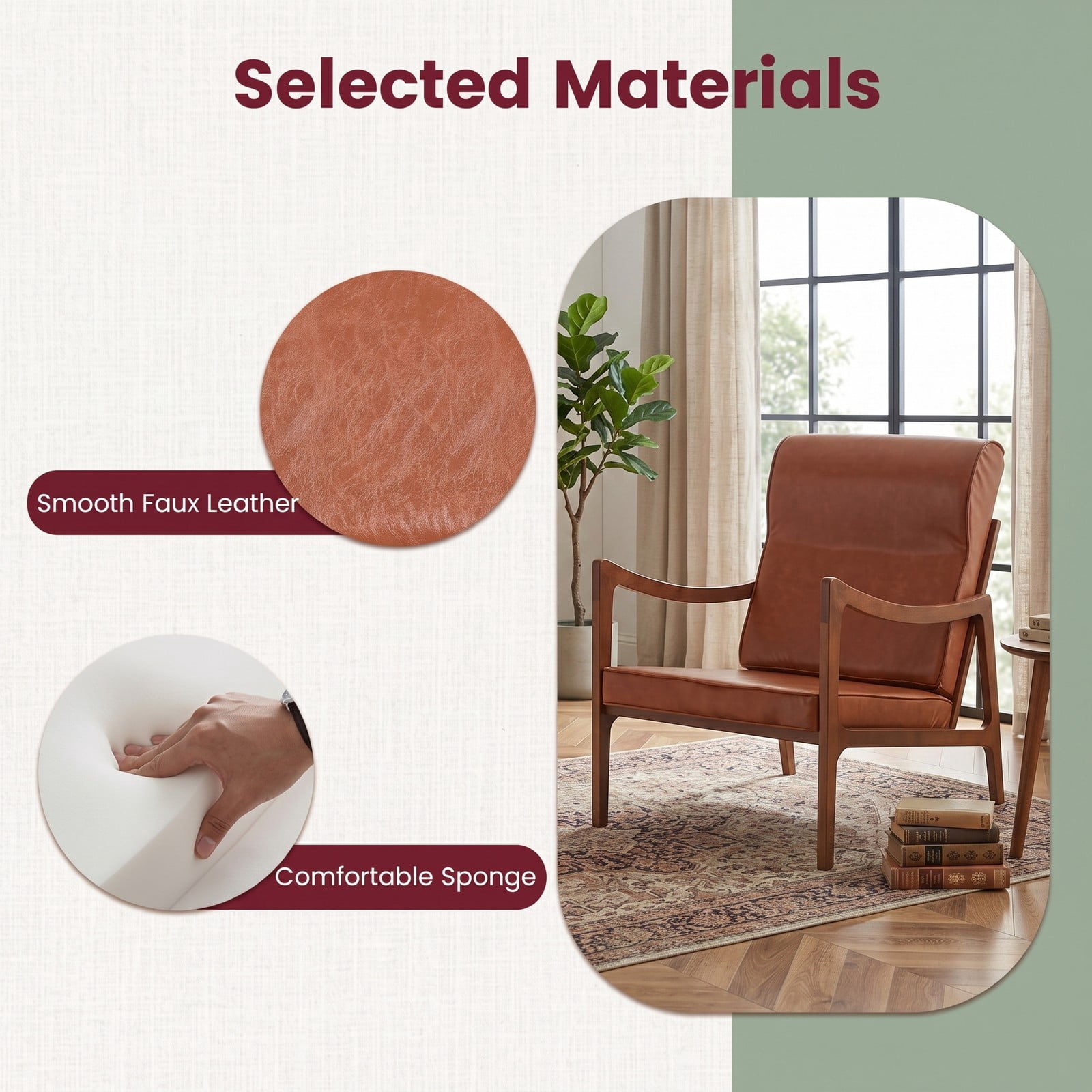 Furnibear Modern Accent Chair, Rubber Wood Faux Leather Upholstered Armchair with Removable Back Seat Cushion & Lumbar Pillow, Padded Living Room Reading Side, Brown