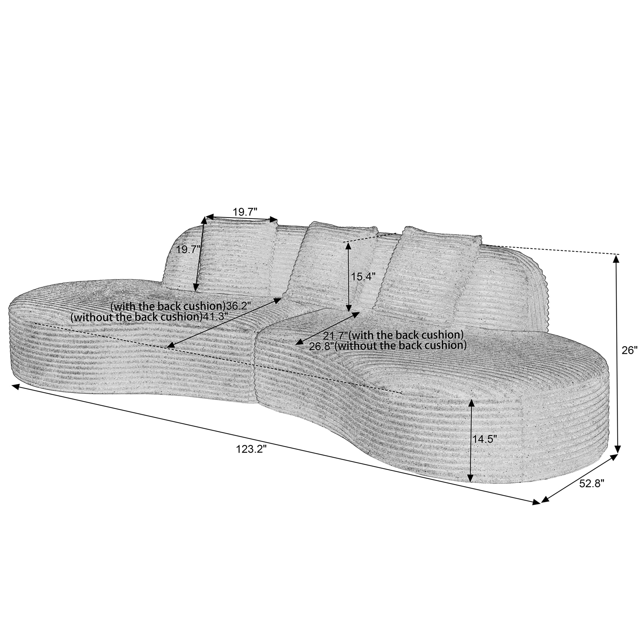 Compressed Curved Corduroy Sofa, 4-Seat Sectional Couch with Pillows, Light Grey Fabric Upholstery, No Setup Needed