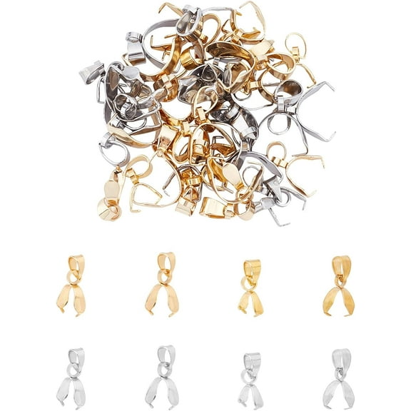 1 Box 48pcs 8 Sizes Pinch Bails Snap On Bails Stainless Steel Pendant Bail Clasps Connectors Bails for DIY Charms Making 8-13mm Long Stainless Steel Color