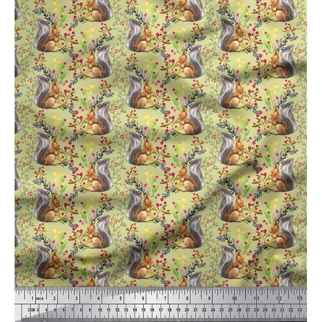 Soimoi Poly Georgette Fabric Leaves,Floral & Squirrel Animal Decor Fabric Printed Yard 42 Inch Wide