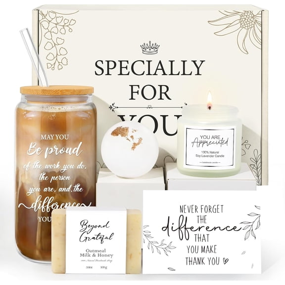 Employee Appreciation Gifts Box – Thank You Appreciation Gift Set for Coworkers, Employees, Teachers Staff & Nurses, 5-Piece Gratitude Spa & 16oz Inspirational Glass Cup Gift Basket
