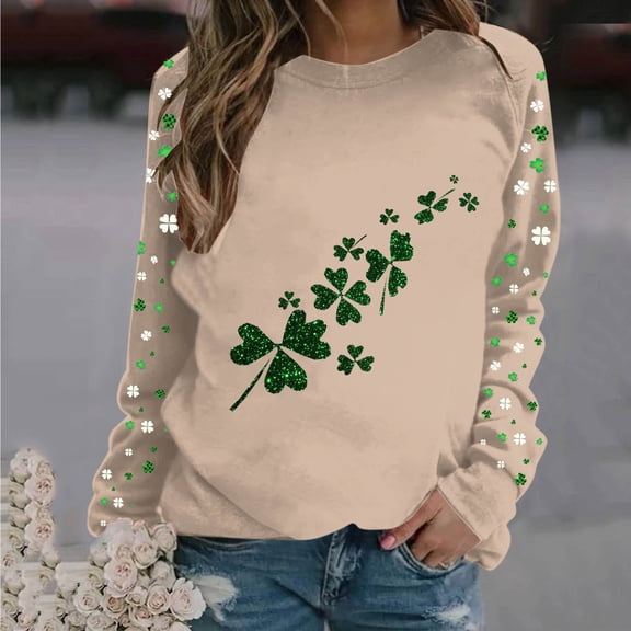 BRGZLK Women's St Patricks Day Tops Printed Fashionable Loose Casual Long Sleeved Top Regular Long Sleeve Sweatshirt Khaki L