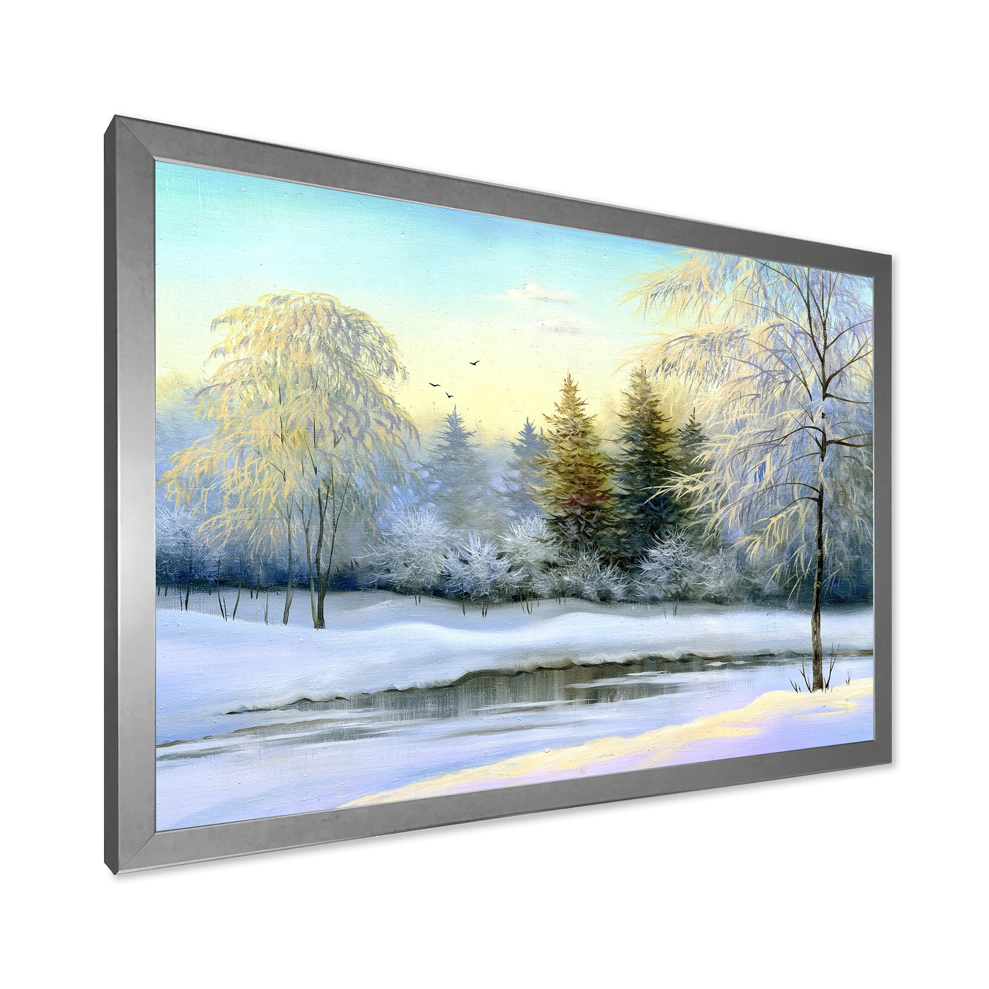 Designart 'Green Trees In Beautiful Winter Snow Landscape' Traditional Framed Art Print