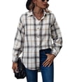 thumbnail image 1 of Blusa de camisa a cuadros con botones largos y cuello de manga larga para mujer (beige), 1 of 5