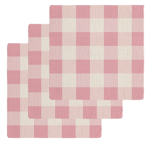 Pink Farmhouse Kitchen Dish Towels for Drying Dishes Set of 3, Buffalo Plaid Check Lattice Geometric Waffle Weave Microfiber Hand Tea Bathroom Towels Quick Dry & Absorbent Towel 12x12