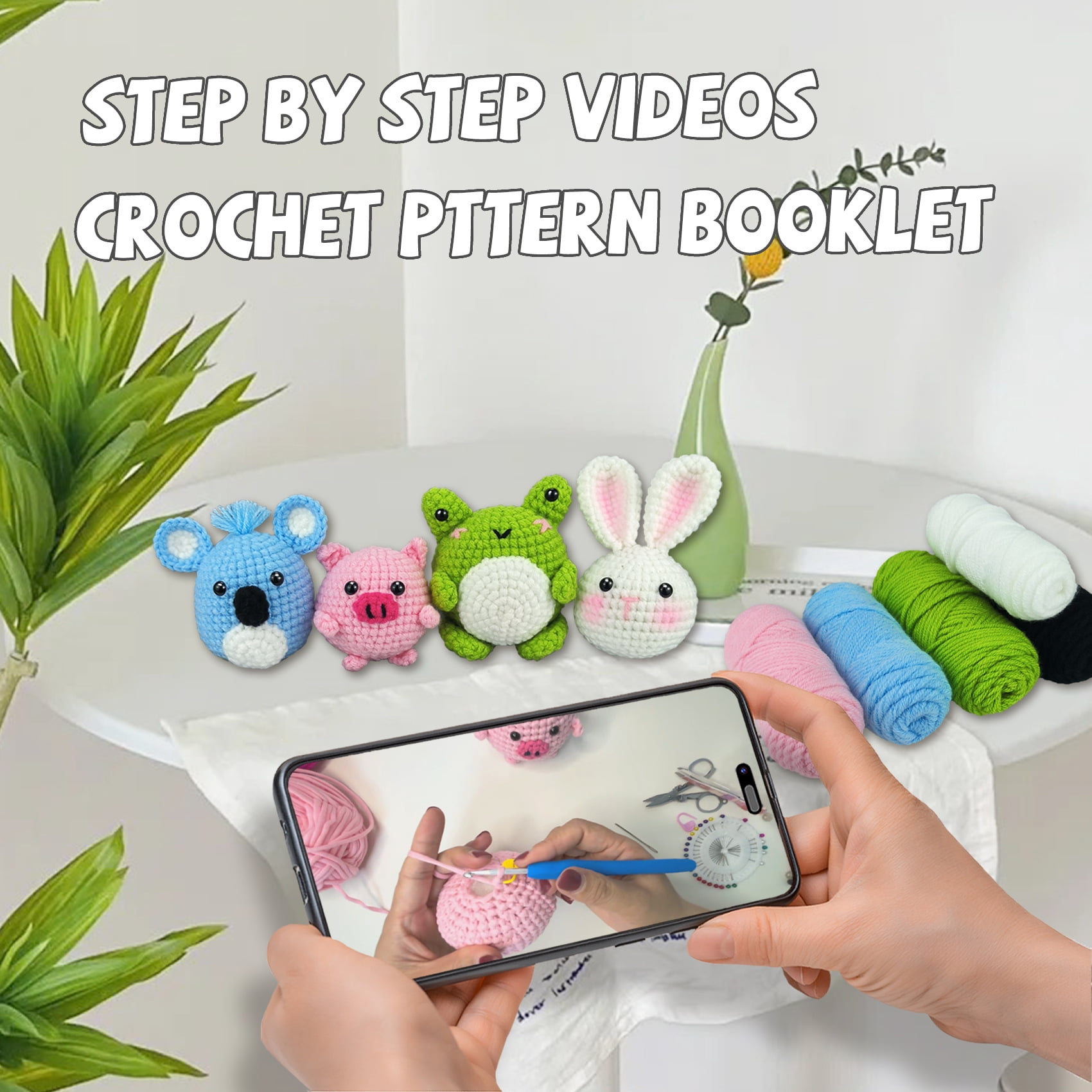 Crochet Kit for Beginners, Crochet Set Kit with Crochet Hooks Yarn Set, Animals Crochet Kit, for Adult Kids with Step-by-Step Video Tutorials and Yarns, Hook, Accessories
