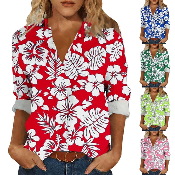 Pxxlle Womens Button Down Shirt Fashion Hawaiian Tropical Graphic Shirt Plus Size 3/4 Sleeve Beach Vacation Tops Red XL