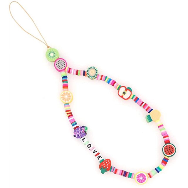 Colgantes para teléfono móvil Cadena antipérdida para teléfono móvil Joyas bohemias para teléfono con forma de cara sonriente, flores y frutas en acrílico Cadena para teléfono para mujer