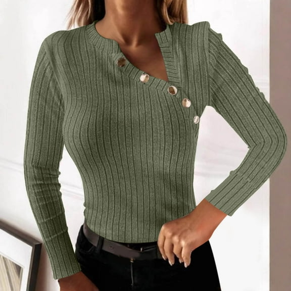 Long Sleeve Shirts for Women Knitted Tops Button Front Slit Casual Ladies Blouse Dressy Tunic Tops Basic Tee Shirts Green XL