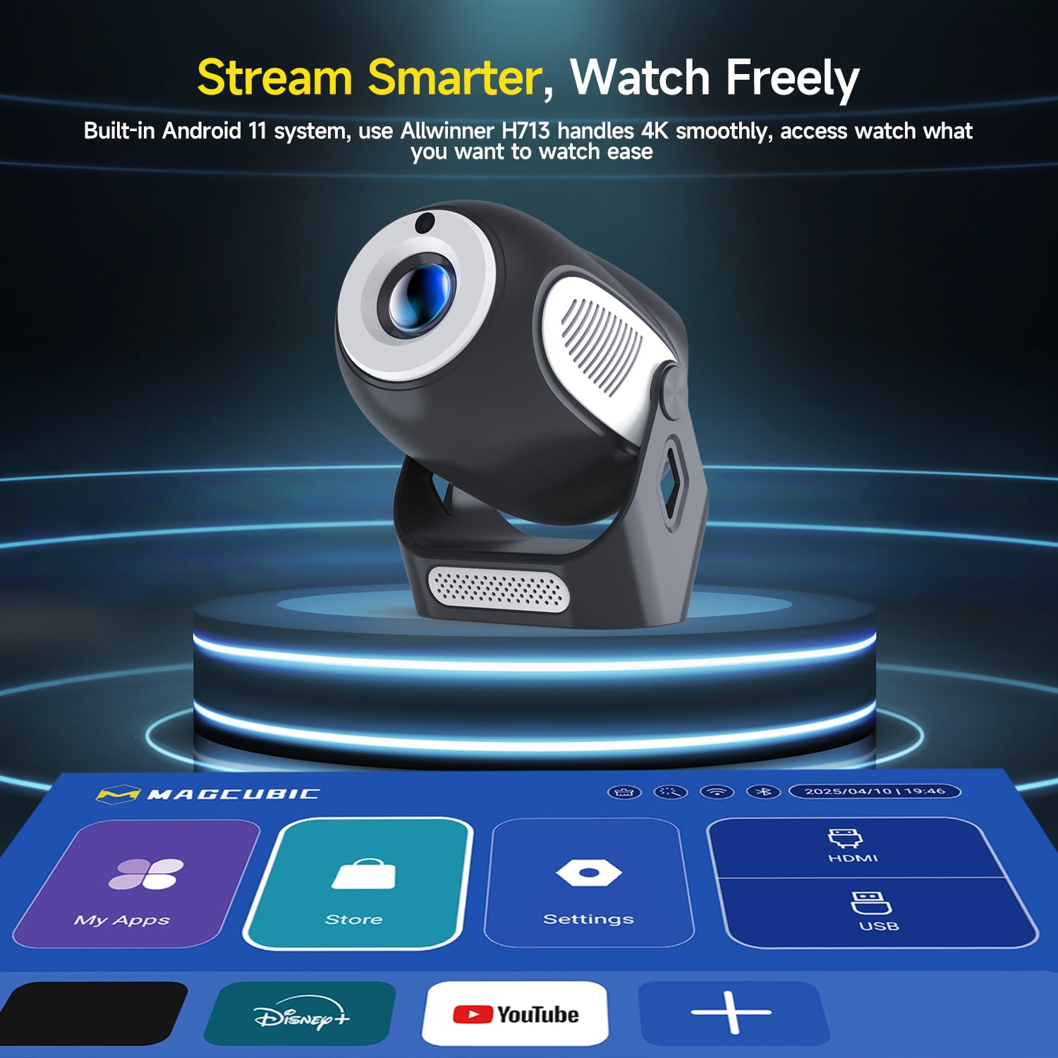 Magcubic HY300X Projector, Mini Projector Support 4K with Electronic Focus, 5W Soundbase Speaker, with WiFi 6 and Bluetooth 5.0, 180° Rotation Portable for Home&Outdoor Theater