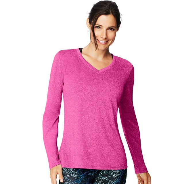 Hanes T-Shirt à Manches Longues à Col en V pour Femmes Sport Cool DRI Performance, m, Amarante