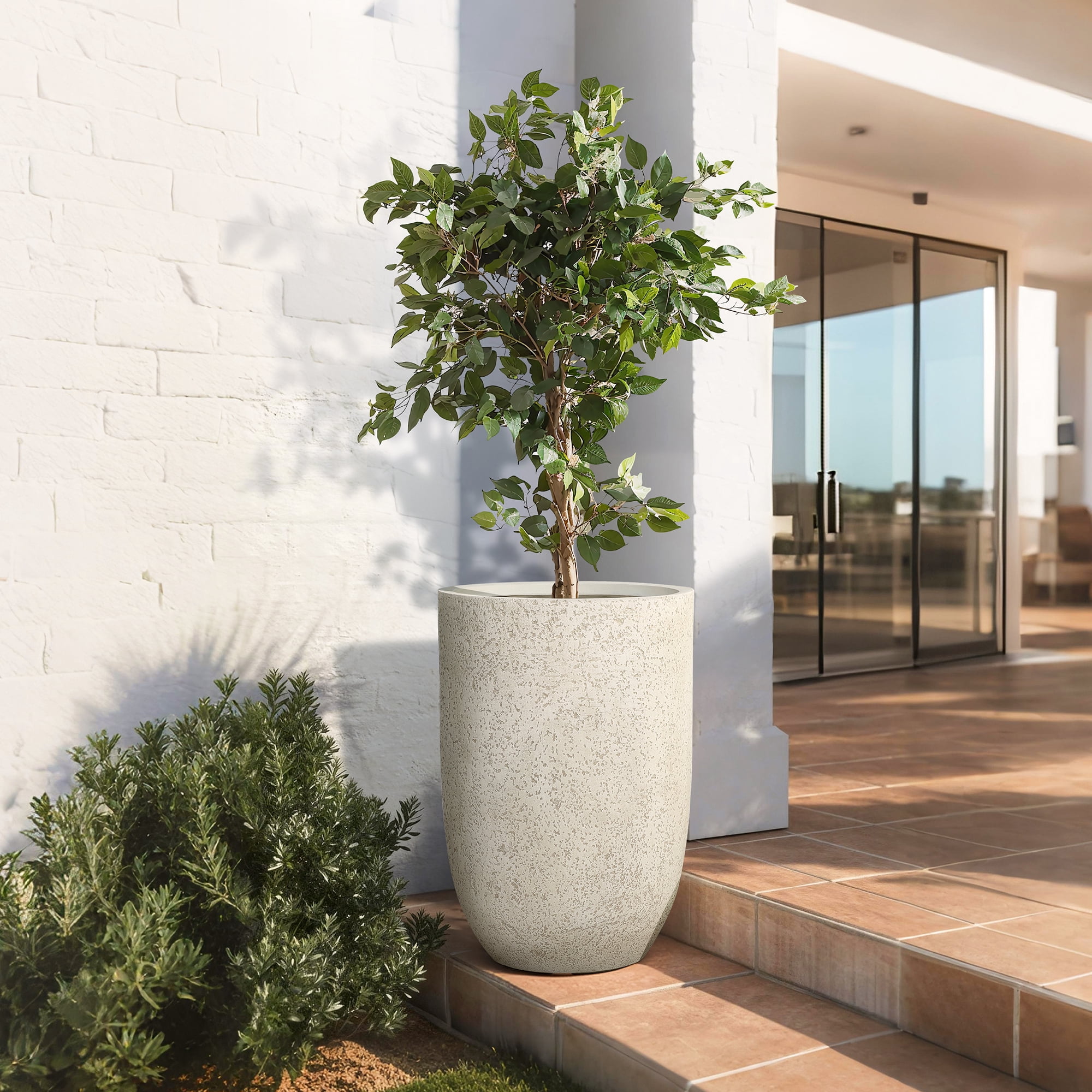 LuxenHome 23.5" Beige Tall Planter with Drainage Hole, Large Tapered Pot for Plants Indoor Outdoor Use