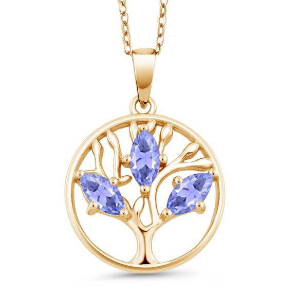 Gem Stone King 0.75 Ct Marquise Blue Tanzanite 18K Yellow Gold Plated Silver Pendant With Chain
