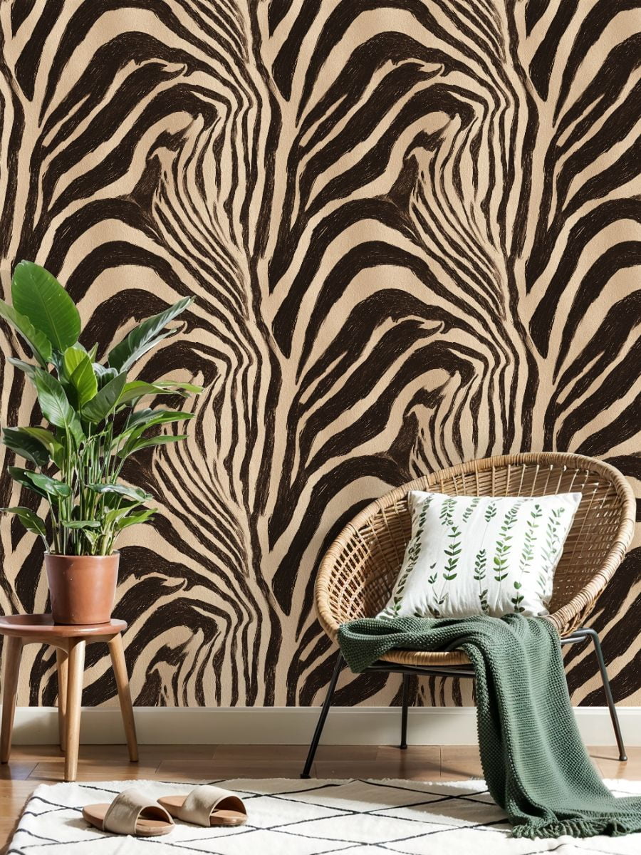 Peel and Stick Wallpaper Abstract Zebra Stripes Bold Black Beige Wall Mural 23.6in x 9.8ft Self Adhesive Removable Wall Paper Renter Friendly Wallpaper for Bedroom Nursery Living Room