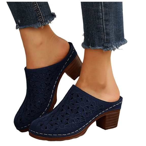 Heeled Mules for Women Floral Embroidery Hollow out Breathable Sandals Round Closed Toe Backless Heels Summer Slip on Slides Navy Size 7.5