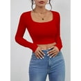 thumbnail image 4 of Long Sleeve Crop Tops for Women Ribbed Square Neck Slim Fitted Casual Lady Fashion Top Red XS, 4 of 6