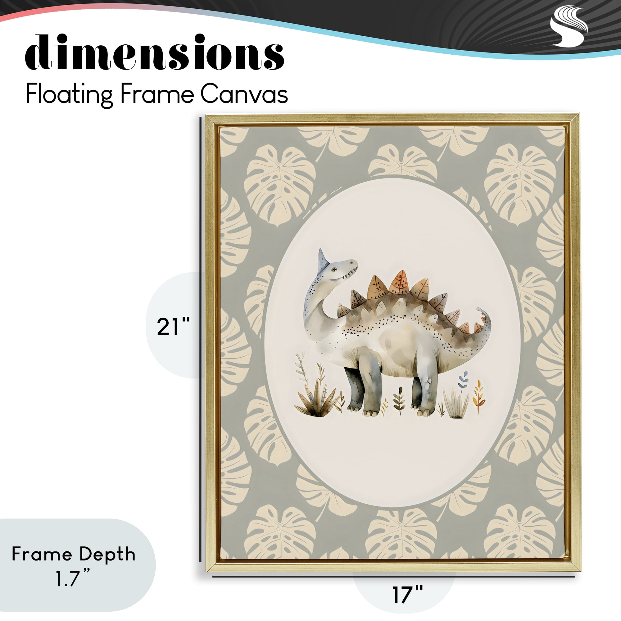 Stupell Industries Watercolor Dinosaur Monstera Border Gold Framed Floater Canvas Wall Art, design by LSR Design Studio