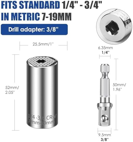 Universal Socket Set (11-32mm 7-19mm) Super Socket for Unscrew Any Bolt Multi-Function Universal Wrench Tool Kit with Power Drill Adapters Gifts for Men, Father/Dad, Husband, DIY Handyman 4PCS