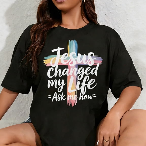 100% Cotton Jesus Changed My Life Christian Faith Cross Shirts Womens Short Sleeve T-Shirt Beach Work Tee Xmas Party Casual Tops