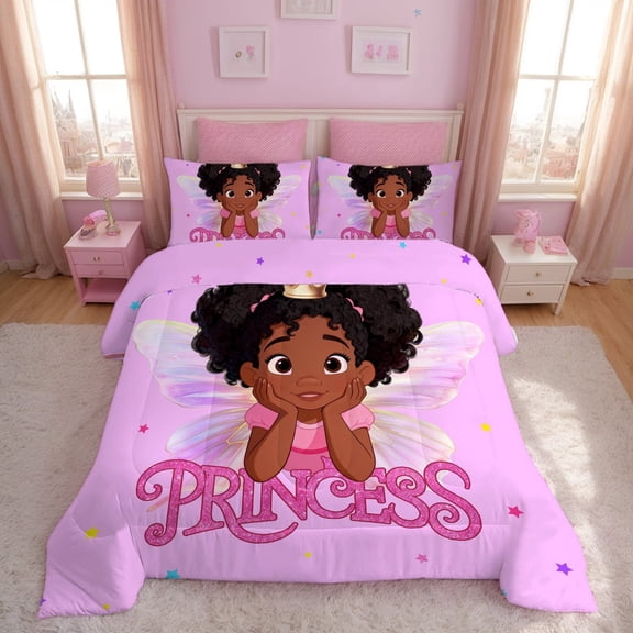 Black Girl Comforter Sets Twin Size Princess with Wings Bedding Set,Pink Purple Stars Glitter African American Comforter Set for Kids Girls 3pcs
