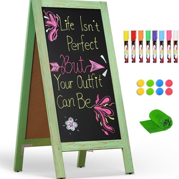 A-Frame Chalkboard 40" x 20", Double Sided Chalk Board Sign Board Freestanding Magnetic Sandwich Board Pine Wooden Chalkboard Easel for Cafe Shop Restaurant Wedding Party, Green