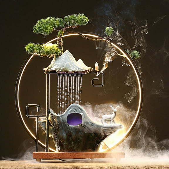 Miumaeov Desktop Fountain Waterfall with LED Light Ring Rockery Flowing Water Feature Atomizer Rockery Waterfall Fountain Mist Feng Shui Landscape Ornaments Home Office Decor